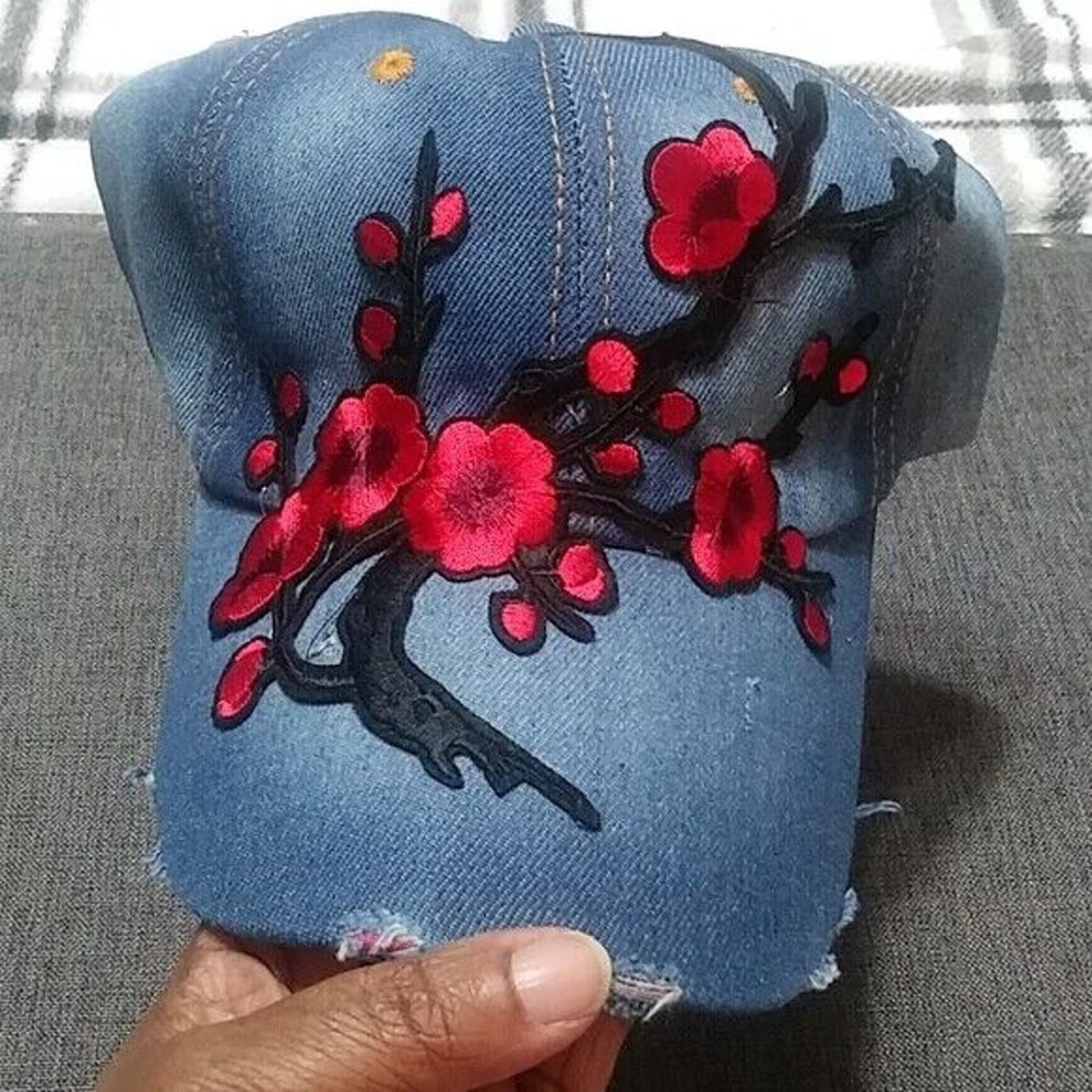 Women's Denim Adjustable Baseball Style Cap with Embroidered Applique